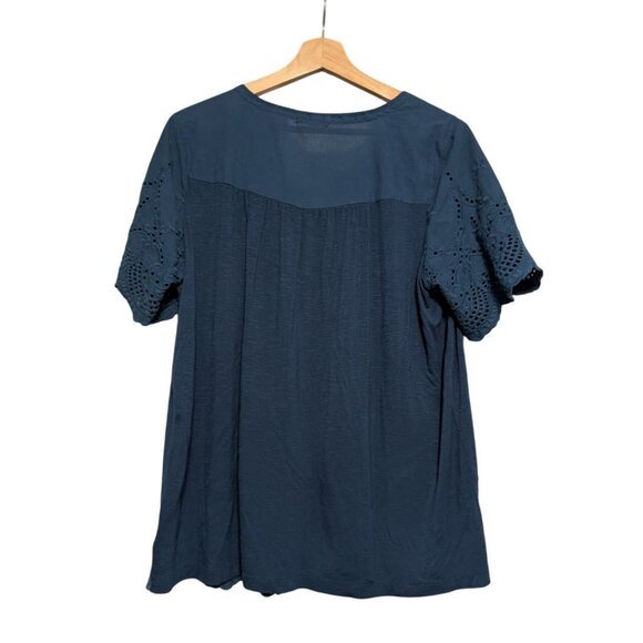 One World Live Blue Lace Peasant Eyelet Blouse Short Sleeve Boho Top Womens Sz L - Picture 2 of 6